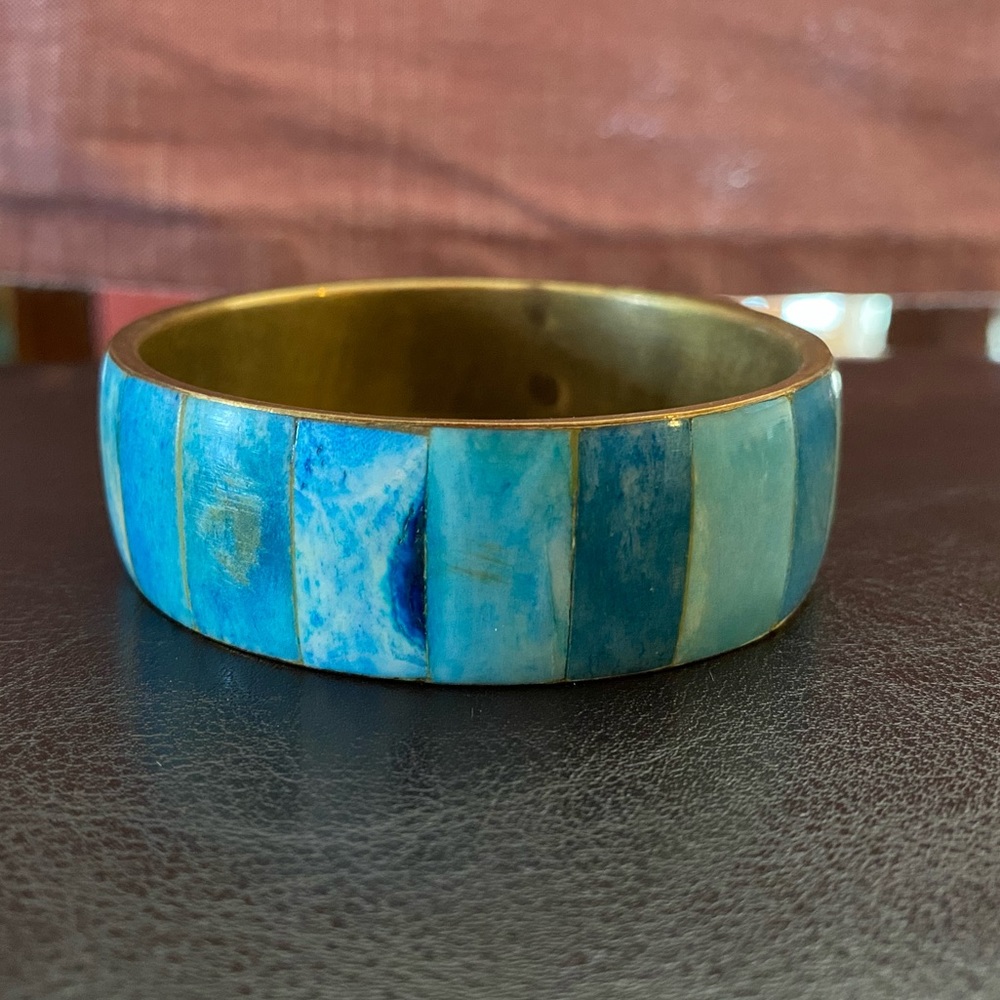 Vintage Brass and Dyed Blue Bangle Bracelet